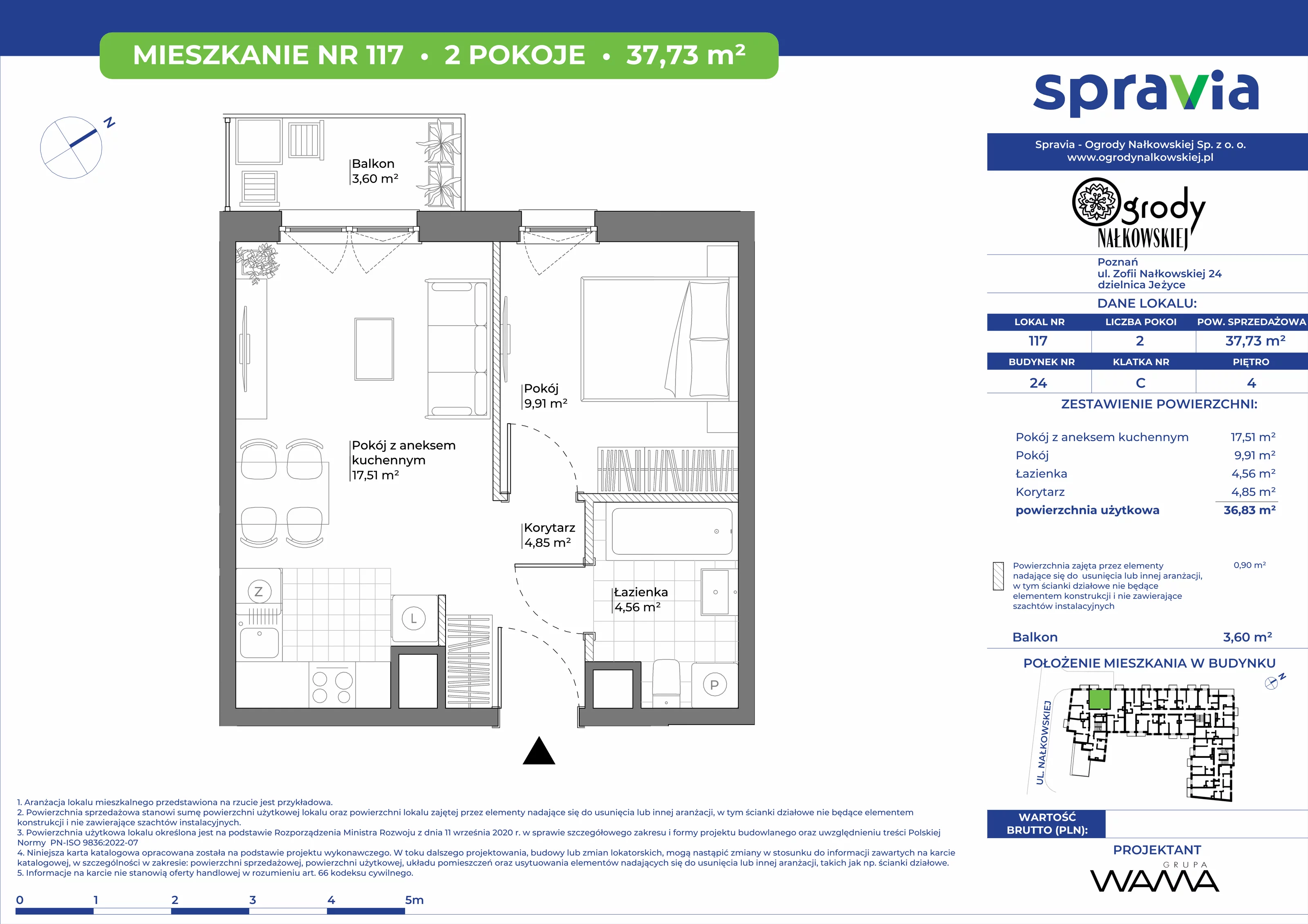 2 pokoje, mieszkanie 37,73 m², piętro 4, oferta nr 24-117, Ogrody Nałkowskiej, Poznań, Ogrody, ul. Nałkowskiej 24, 26